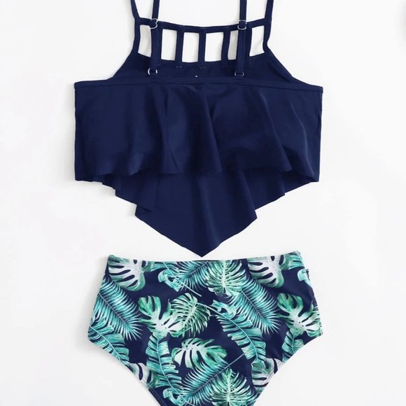Navy Flounce Tropical High Waisted Swimsuit - Picture 2 of 4